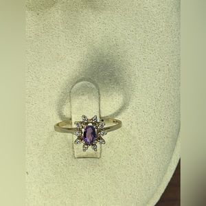 14K Solid Yellow Gold .30Ctw Amethyst & Diamond Halo Ring Size 6.25